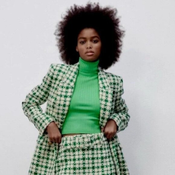 Ribbed turtleneck knit high neck tank top sleeveless mock sweater green stretch - Picture 8 of 8